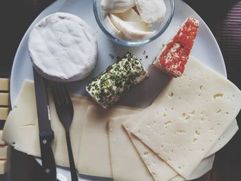 High angle view of food served on table