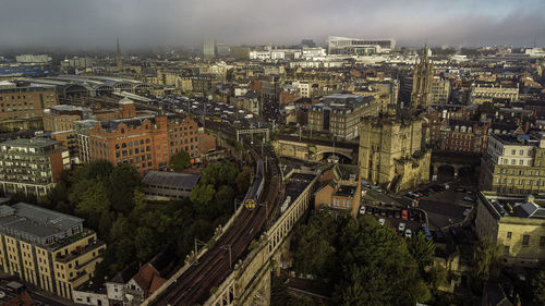 High angle view of buildings in city