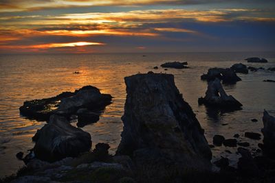 Rocks on shore during sunset