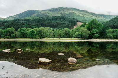 Scenic view of lake by mountain against sky