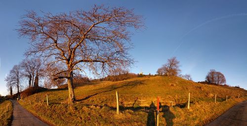 Road passing through field against cloudy sky