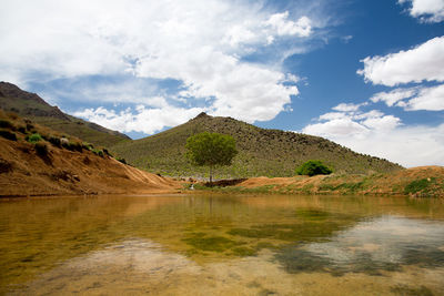 Scenic view of lake against cloudy sky