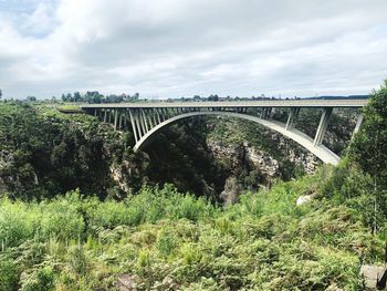 Arch bridge over river amidst trees against sky