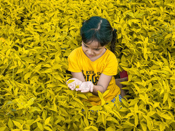 High angle view of girl standing on yellow flowering plants