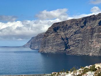 Scenic view of sea and mountains against blue sky
