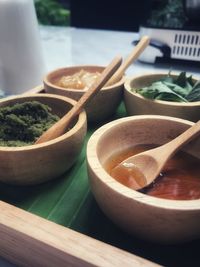 Close-up of ingredients in wooden bowls