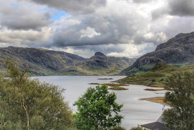 Scenic view of lake and mountains against sky