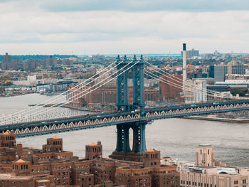 High angle view of suspension bridge in city