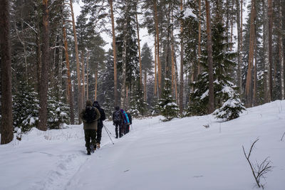 Rear view of people walking on snow covered land