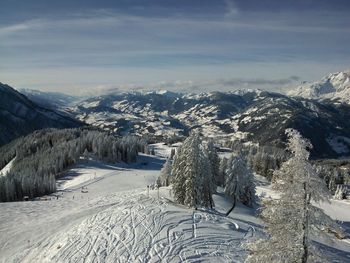 Scenic view of snowcapped mountains against sky