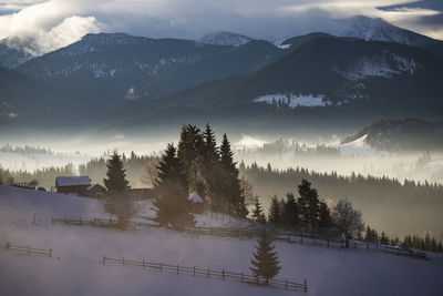 Scenic view of snowcapped mountains against sky