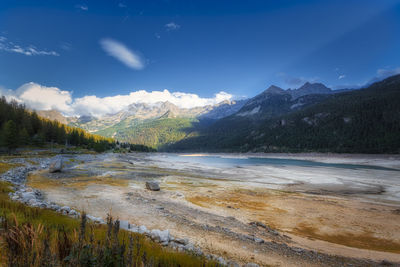 Scenic view of lake by mountains against sky