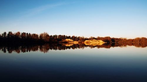 Reflection of trees in lake against clear sky