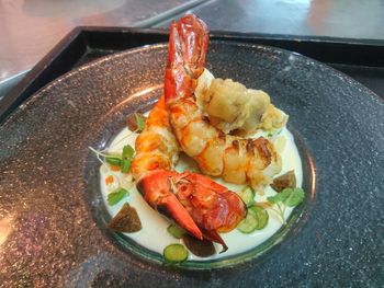 High angle view of seafood in plate on table