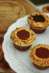 High angle view of cupcakes in plate