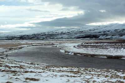 Wide panorama shot of winter mountain landscape in iceland