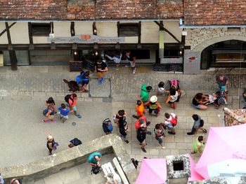 High angle view of people on street