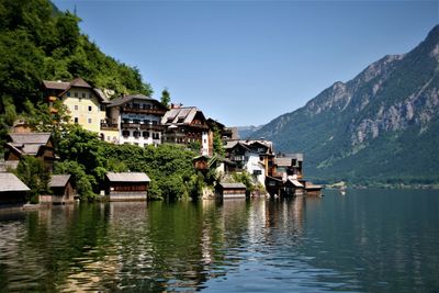 Houses by lake and buildings against sky