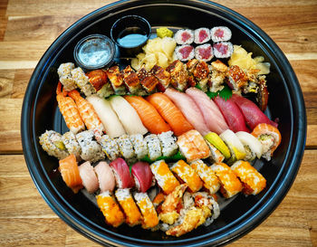 High angle view of food in plate on table