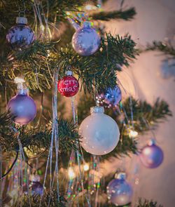 Close-up of christmas decorations hanging on tree