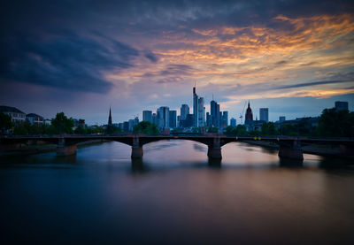 Bridge over river in city against sky during sunset