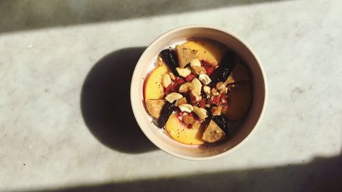 Directly above shot of served food in bowl