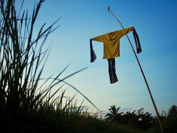 Low angle view of clothes drying on field against sky