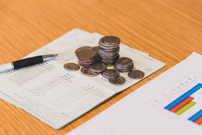 High angle view of coins on table