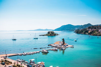 High angle view of boats in harbor