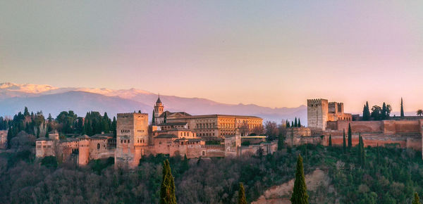 Panoramic view of buildings in city against clear sky