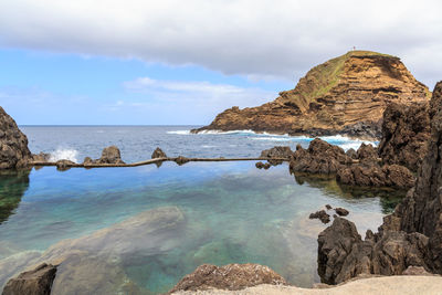  rock formation in a pool against the sky