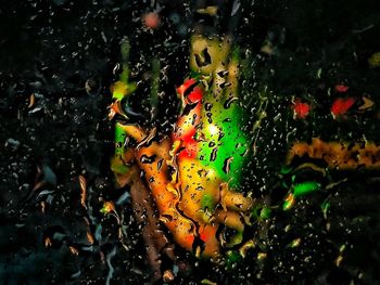 Close-up of raindrops on multi colored umbrella