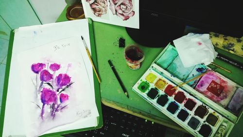 High angle view of various flowers on table