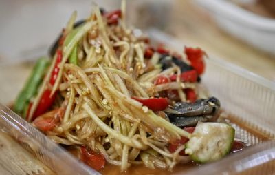 Close-up of noodles in plate on table