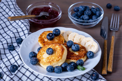 High angle view of breakfast served on table