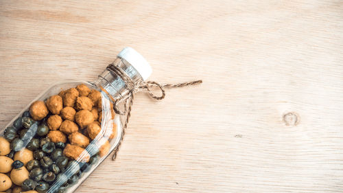 High angle view of food on wood