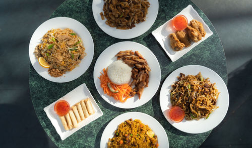 High angle view of food served on table