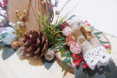 High angle view of christmas decorations on tree