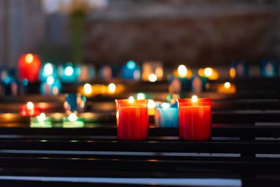 Close-up of illuminated candles against blurred background