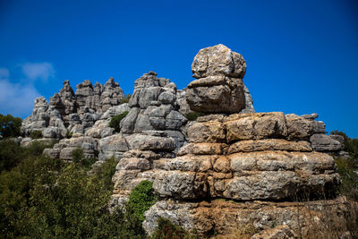 Low angle view of rocks against clear blue sky