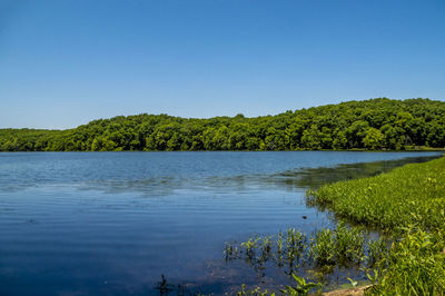 Scenic view of calm lake against clear sky