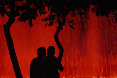 Rear view of silhouette couple standing at night