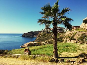 Scenic view of sea against clear blue sky