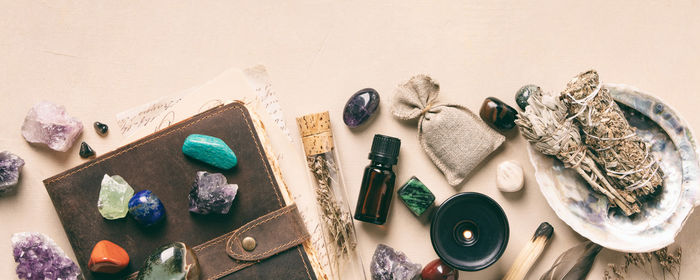 High angle view of various objects on table