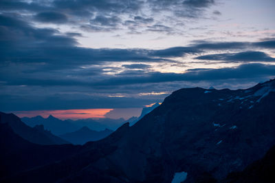 Scenic view of snowcapped mountains against sky during sunset