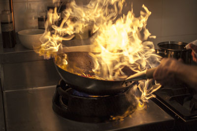 Close-up of fire in cooking pan