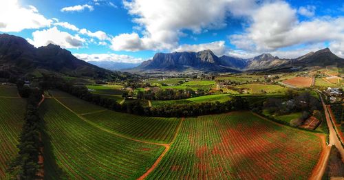 Panoramic view of agricultural field against sky