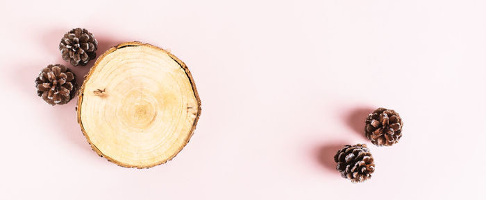 Tree trunk cut and pine cones on pink background top view web banner