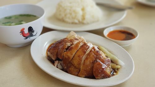 High angle view of food in plate on table