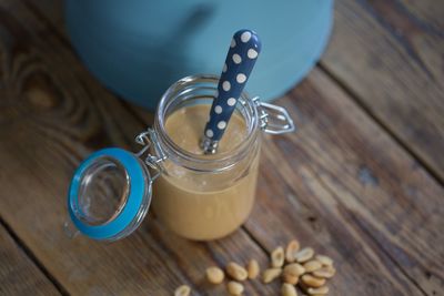 High angle view of peanut butter on table